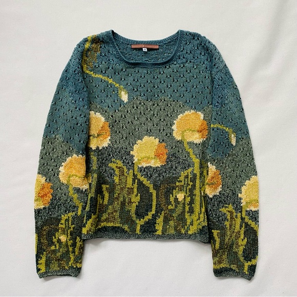 Peruvian Connection Sweaters - Peruvian Connection Pima Cotton Floral Eyelet Knit Pullover Wearable Art Funky